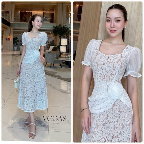 Lacey Square Neck Puff Sleeves Long Dress